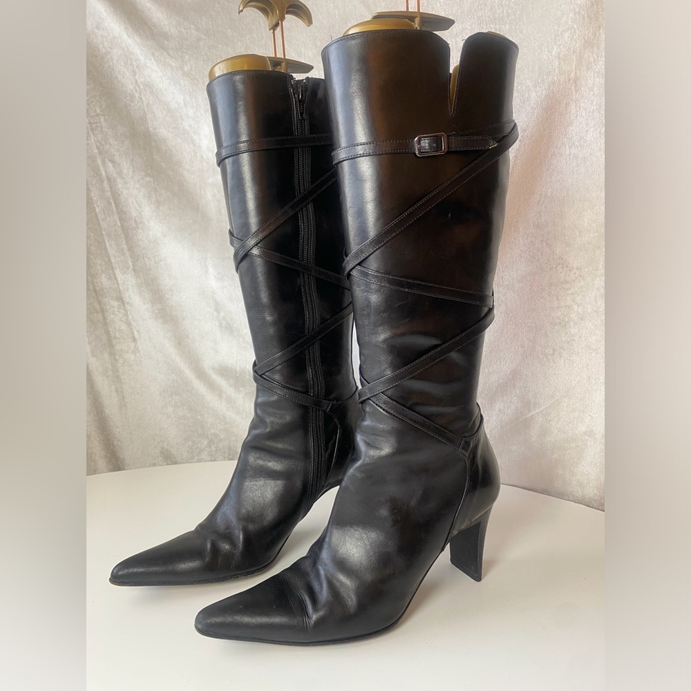 Kenneth Cole Black Leather Over-the-Knee Pointed-Toe Heeled Boots - Picture 2 of 9